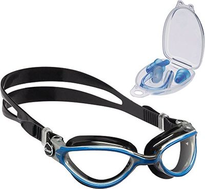 Cressi Thunder Occhialini Premium da Nuoto, Nero/Bianco Blu + Premium Accessori per Nuoto e Piscina Tappi Auricolari e Clip Stringinaso, Trasparente/Blu