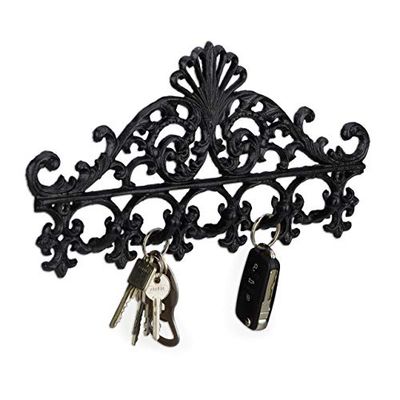 relaxdays Cabide de parede, cabide chaves, 5 ganchos, barroco, rústico vintage, ferro fundido, 17 x 35 x 3,5 cm, preto