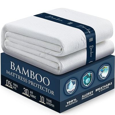 100% Waterproof Mattress Protector Queen - Luxury Comfort Bamboo Mattress Protector - Super Protective Leak-Proof Barrier - Hypoallergenic & Breathable Mattress Cover - Soft, Crinkle Free & Noiseless