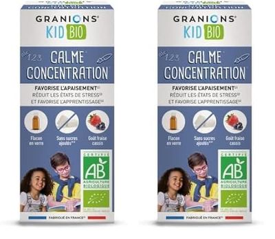 GRANIONS KID BIO CALME CONCENTRATION - Certifie - Triple Action : APAISE + REDUIT LE STRESS + FAVORISE L'APPRENTISSAGE - Melisse + Coquelicot - Gout Fraise Cassis - 125 Ml - Marque Française