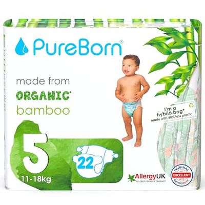 PureBorn Eco Organic Bambusowe pieluchy, Rozmiar 5 (11-18 kg), 22 sztuki, Hipoalergiczne, Ultra miękkie, Ekologiczne, Różne Nadruki, Wskaźnik Wilgotności