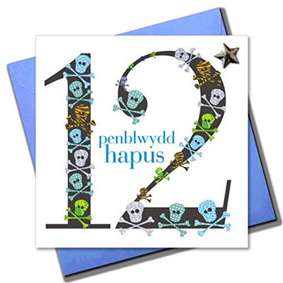 Claire Giles Greeting Cards, Welsh Happy 12th Birthday Card, Penblwydd Hapus, Blue Age 12 Boy Birthday Greeting Card, Embellished with a padded star