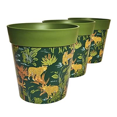 Hum Flowerpots, 22cm, 3 stycken, olika mönster, färger och storlekar, blomkrukor i plast för inomhus- och utomhusbruk Djungel med leoparder