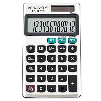 ACROPAQ - Kalkylator – 12-siffrig LC-skärm, dubbel effekt (batteri sol), med minne, rotdragande, valutariomvandlare, kontrollfunktion och procenträkning – grå