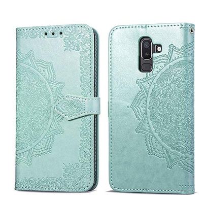 Carcasa de telefono Patrón for la galaxia J8 + A medio camino de la mandala de grabación en relieve del cuero del tirón con el sostenedor y ranuras for tarjetas y monedero y la cuerda de seguridad (Ne