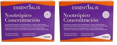 Essentialis Nootrópico Concentración–Tirosina, Ginkgo, Bacopa, Melena de león, Huperzia, B6, B12 y minerales– Energía, memoria y agilidad mental-exámenes, oposiciones–30 cápsulas veganas. 1 mes