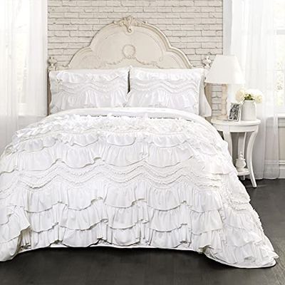 Lush Decor Kemmy Quilt-Conjunto de roupa de cama de 3 peças com textura com babados, tamanho King, poliéster, branco, casamento