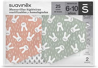 Suavinex Herbruikbare hygiënische maskers voor kinderen, gecertificeerd en goedgekeurd, 6-10 jaar, 3 lagen, 25 wascycli, gemaakt in Spanje, 2 stuks, groen en roze, 29 g