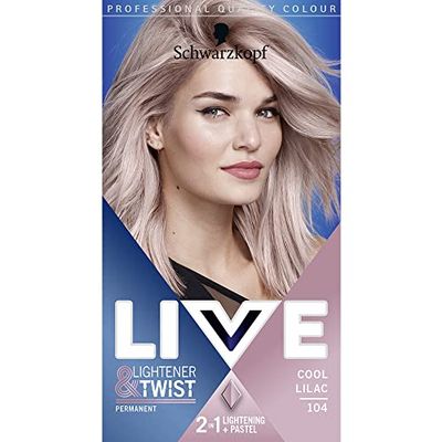 Schwarzkopf LIVE Lightener + Twist Permanent Purple Hair Dye, 2 in 1 Formula, Lightens and Colours Up To 3 Levels- Cool Lilac 104