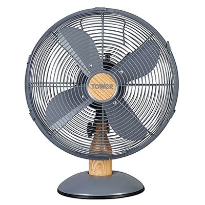 Tower T610000 Scandi Metal Desk Fan with 3 Speeds, Automatic Oscillation, 12”, 35W, Grey and Wood Effect