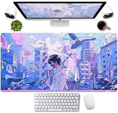 Anime Kawaii skrivbordsmatta musmatta söt japansk stor spelmusmatta XXL, pastell estetisk lila blå laptop tangentbord musmatta, magisk fantasi stad flicka spelare dator skrivbordsmatta 80 x 40 cm