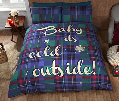 Baby It's Cold Buiten Tartan Gecontroleerd Dekbedovertrek en Kussensloop Beddengoed Set, Blauw, Single