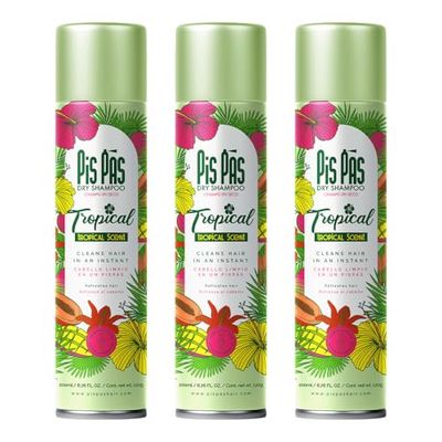 PisPás Pack di Shampoo Secco Tropical - Set di 3 Unità per Capelli Freschi e Voluminosi all'Istante, Ideale per Uso Rapido e Quotidiano.