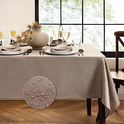 Elrene Home Fashions Laurel Solid Texture Water and Stain Resistant Tablecloth, 60"X144" Rectangle, Taupe