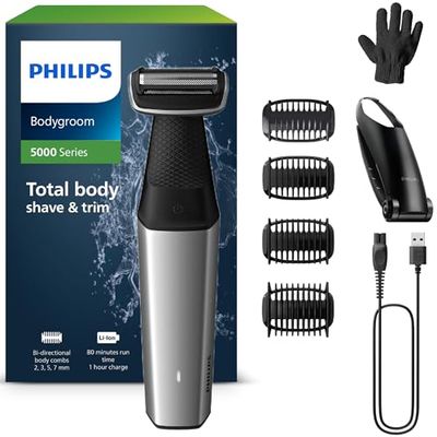 Philips Bodygroom Series 5000, Showerproof Groin and Body Trimmer, Close and Comfortable Shave, Complete Body Grooming Including Back, 60 Min. Runtime, Model BG5021/16