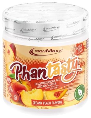 IronMaxx Phantasty - Lata de 250 g de melocotón cremoso | Sabor vegano en polvo con trozos de auténtica fruta o frutos secos | Perfecto sustituto del azúcar