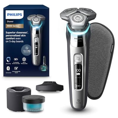 Philips Shaver S9000, rasoio elettrico Wet & Dry, tecnologia Lift & Cut e SkinIQ, rifinitore a scomparsa, custodia per pulizia, supporto ricarica, custodia viaggio, Chrome Silver, modello S9975/54