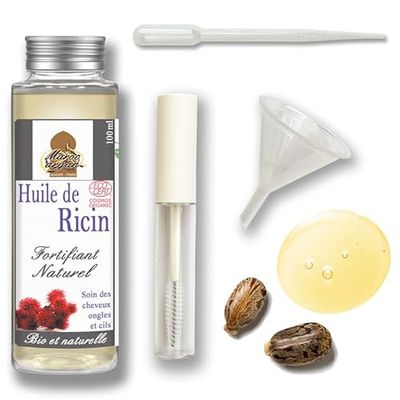 Kit Mascara – Huile de Ricin 100ml + Pipette applicatrice, flacon avec brosse, entonnoir - Cheveux, cils et ongle – 100% BIO Certifié par Ecocert – Pressée à froid.