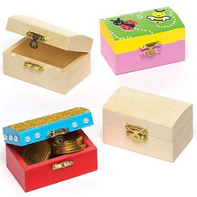 Baker Ross Baú do tesouro em miniatura de madeira para desenhar pintar e decorar. Artesanato criativo perfeito para crianças para festas infantis (embalagem de 4)