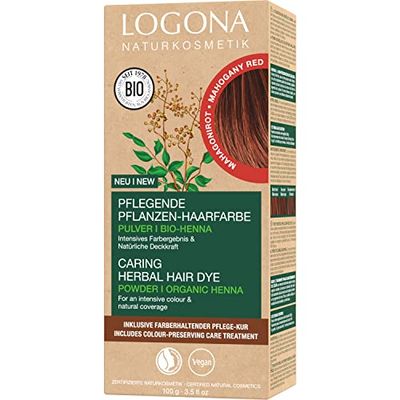 LOGONA Naturkosmetik närande vegetabilisk hårfärg, veganskt hårfärgspulver med ekologisk henna för intensiv färg och glans, växthårfärg i mahognyröd (rödbrun), 1 x 100 g