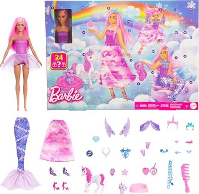 Barbie-adventskalender med docka och 24 överraskande leksakstillbehör, som enhörning och husdjur. Förvandla modedockan till en sjöjungfru, älva med mera, JFL66