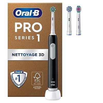 Oral-B Pro 1 Brosse À Dents Électrique Noire, Un Capteur De Pression Pour Protéger Les Gencives Sensibles, Des Accessoires, 3 Brossettes De Rechange, Douces Et Rondes, 1 Chargeur, Emballage En Carton