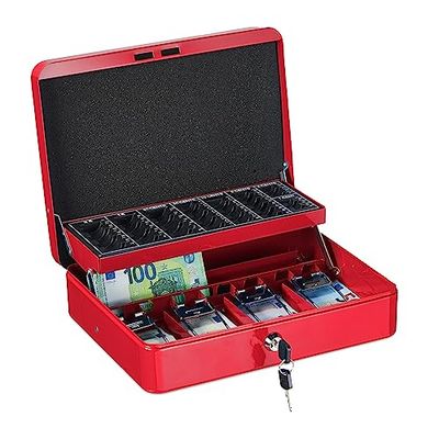 Relaxdays geldkistje met slot, bakje voor euromunten & briefgeld, geldkluis ijzer HBD 8,5 x 30,5 x 24,5 cm, rood
