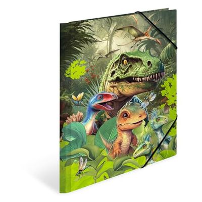 HERMA Children's A4 Dinosaur Portfolio Folder, Corner Folder Made of Cardboard with Animal Dino Motif, Elastic Band, Inner Flaps and Inner Print for Boys and Girls