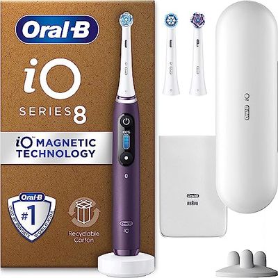 Oral-B iO8 Brosses à dents électriques pour adultes, cadeaux de Saint-Valentin pour lui/elle, poignée connectée à l'application, 3 têtes de brosse à dents, étui de voyage et support de tête de brosse