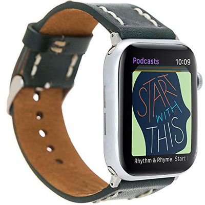 VENTA® Läderarmband för Apple Watch 1/2/3/4/5 utbytbart armband kompatibelt med Apple Watch ersättningsarmband äkta läder (42–44 mm/mossgrön/VA13-V6) adapter set silver