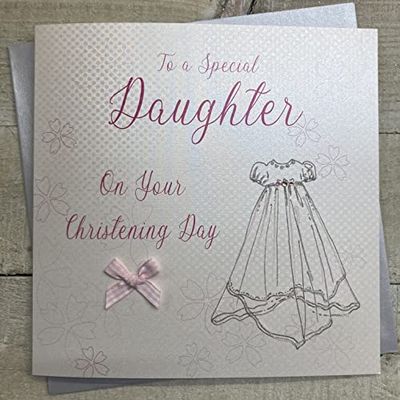 white cotton cards 1-delig naar een speciale dochter op je doopdag, extra groot, handgemaakte doopkaart, roze jurk