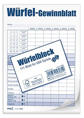 RNKVERLAG 5808 - Prijsvel dobbelspel, onderlegger, DIN A6, FSC mix, 1 x 111 vellen voor 666 spellen, 1 stuk