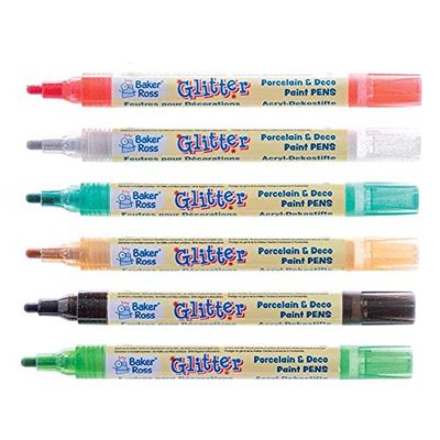 Baker Ross FE797 Glitter Porselein Deco Verf Pennen - Pak van 6, Acryl Markers op Oliebasis voor Kinderen Kerst Kunst en Ambachten Porselein en Keramische Schilderactiviteiten