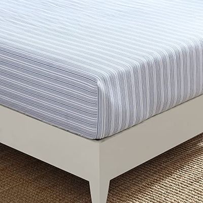 Nautica - Sábana Bajera de tamaño King, Ropa de Cama de percal de algodón, Fresca y Fresca, decoración Casual para el hogar (Beaux Stripe Blue, King)