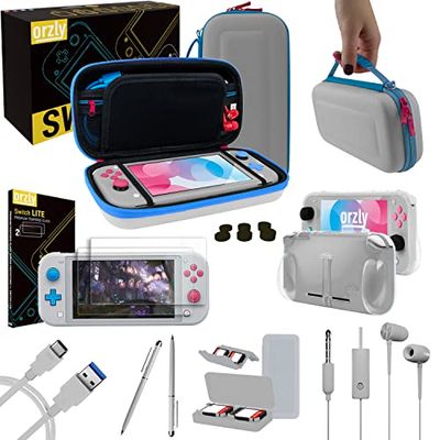 Orzly Paquete de Accesorios para Nintendo Switch Lite – Incluye: Protectores de Pantalla & Funda para Switch Lite Consola, Funda Comfort Grip, Cable USB, Auriculares y más. (Z&Z Edition)