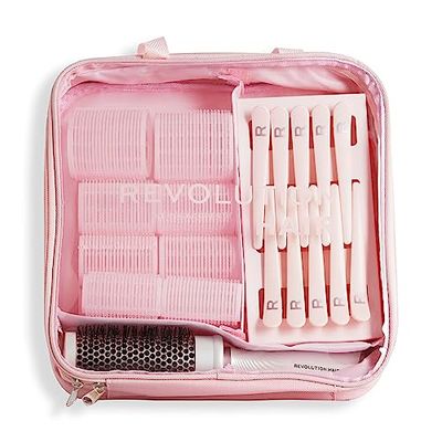 Makeup Revolution Haircare - Set di 10 bigodini per capelli, bigodini in velcro senza calore, spazzola per lo styling, fermagli per capelli e borsa inclusi