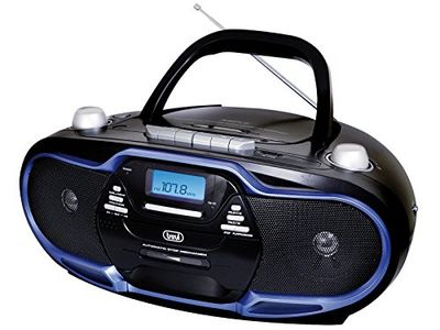 Trevi CMP 574 USB: Boombox microcorrente portátil com rádio AM/FM, reprodução de CD, MP3, USB, cassete e saída para auriculares. - Cor preta e detalhes em azul