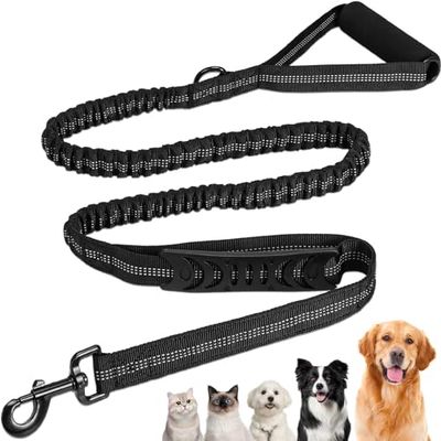 Euqvunn Guinzaglio per cani (1,4 a 2 m) | Guinzaglio anti tiro per cani di taglia grande | Doppia impugnatura | Guinzaglio addestramento elastico ammortizzante | Corda Riflettente | Nero