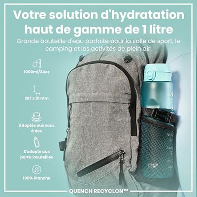 Ion8 Gourde 1 Litre avec Marqueur Heure pour Boire, Anti-Fuite, Facile à Ouvrir, Verrouillage Sécurisé,Lavable en Lave-vaisselle,Sans BPA, Idéale pour la Gym et le Fitness, Motivator Bleu Sonique
