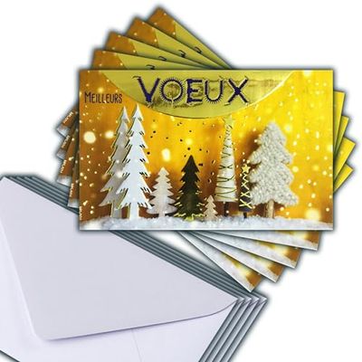 M5-501 LOT 5 Cartes identiques Meilleurs Vœux en Or Doré 13,5x8,5cm + 5 Enveloppes blanches 14x9cm - Bonne Année Souhaits Janvier Hiver Sapins de Noël sous la Neige - Créé Imprimé Fabriqué en France