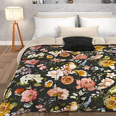 PETTI Artigiani Italiani - Trapunta Invernale, Una Piazza e Mezza Double Face, Piumone Tinta Unita e Stampa Digitale Floreale Nero, 100% Microfibra, Made in Italy
