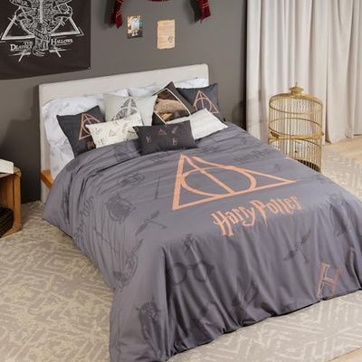 FUNDA NÓRDICA CON BOTONES 100% ALGODÓN MODELO DEATHLY HALLOWS PARA CAMA DE 80 (140X200 CM.)