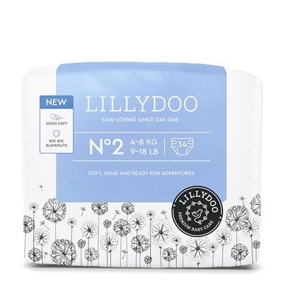 LILLYDOO Przyjazne dla skóry pieluchy dla niemowląt – rozmiar 2 (4-8 kg), 34 sztuki, bezpieczna ochrona przed wyciekiem, miękkie, bez perfum, bez balsamów i barwników, do skóry wrażliwej, testowane