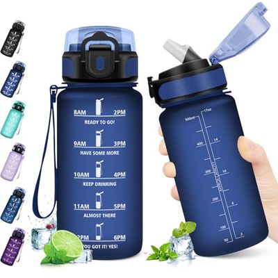 KollyKolla Barnvattenflaska 500 ml, sportvattenflaska med motiverande tidsindikator, vattenflaska med sugrör, 1 klick öppen, vattenflaska för barn, skola, cykel, gym