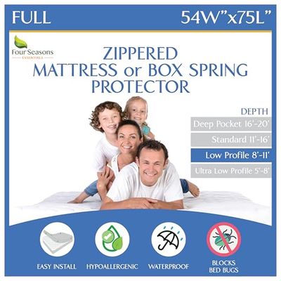 Volledige grootte matras of boxspring omhulsel (8"-11" diepte) waterdichte beschermer met rits Hypoallergeen premium bedwantsen tweepersoons bedhoes beschermt tegen stof wit