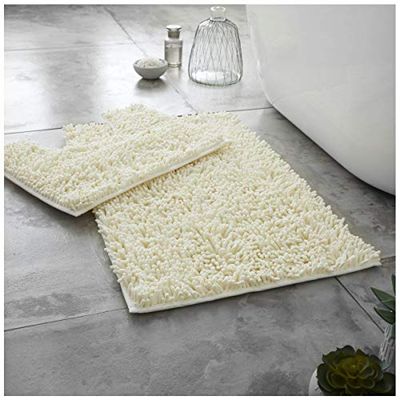 GC GAVENO CAVAILIA Soft Bath Mat Sets For Bathroom | 2 Piece Bath Mat Non Slip Back | Highly Water Absorbent & Fast Drying 100% Microfiber Chenille Toilet Rug with Pedestal Mat | Cream