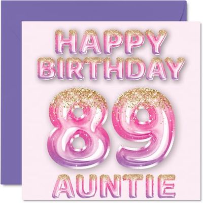 89e verjaardagskaart voor tante - roze en paarse glitterballonnen - gelukkige verjaardagskaarten voor 89-jarige tante van neef nichtje, 145 mm verjaardagskaarten cadeau