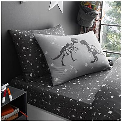 GC GAVENO CAVAILIA Easy Care - Juego de Funda de edredón para niños pequeños, sábana Bajera o Cortinas de Dinosaurio para Dormitorio, Individual, Color Gris