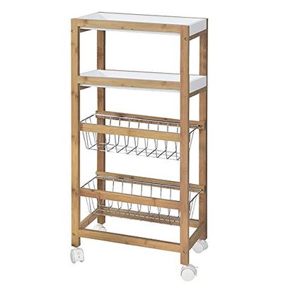 Bakaji Chariot de Cuisine Slim Gain de Place en Bois de Bambou avec 2 Plateaux Amovibles, 2 paniers à Fruits en métal et 4 Roues