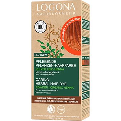 LOGONA Naturkosmetik närande vegetabilisk hårfärg, veganskt hårfärgspulver med ekologisk henna för intensiv färg och glans, växthårfärg i Hennarot (röd), 1 x 100 g